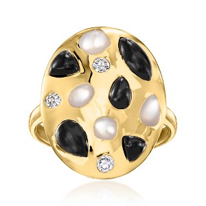 Ross-Simons Onyx, Mother-Of-Pearl and 0.19 ct. t.w. Lab-Grown Diamond Ring in 18kt Gold Over Sterling - 1 of 4
