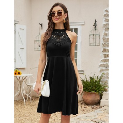 Women’s High Neck Halter Sundress Lace Flared Swing Skater Dress Sleeveless Casual Cocktail Dresses