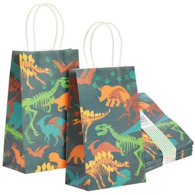 Blue Panda 24 Pack Dinosaur Goody Bags with Handles, 5.3x3.2x9 Inch for Kids Birthday, Party Favors, Treats, Fossil Print Design