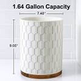 White Geometric Resin Wastebasket with Wood Base