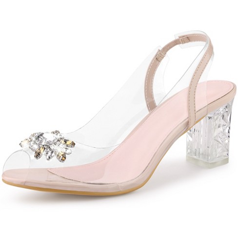 Perphy Women s Clear Slingback Rhinestone Peep Toe Block Sandal Heels Beige 8.5 Target