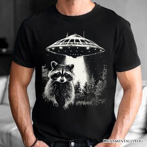 Funny UFO Raccoon T-Shirt, Black Unisex Tee for Alien Enthusiasts| OrnamentallyYou - 1 of 4