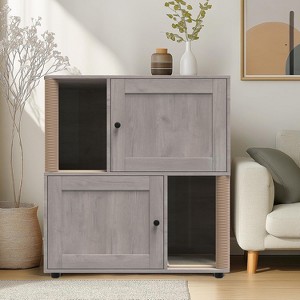 Double Layer Cat Litter Box Enclosure with Hidden Cabinet, Integrated Scrapeing Post & Litter Mat, Stylish Wooden Cat Furniture - 1 of 4