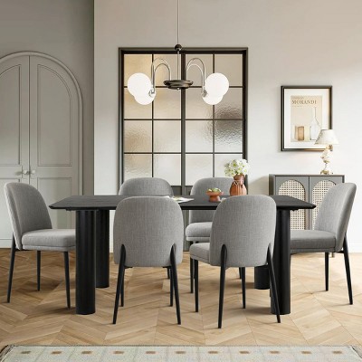 7-Piece Dining Table Set, 67'' Black Rectangle Table with 6 Armless Upholstered Linen Fabric Dining Chairs, Indoor Furniture - Maison Boucle