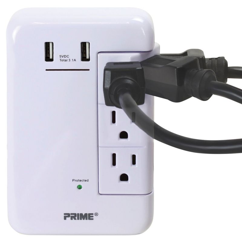 Prime Wire and Cable 6-Outlet Wall Tap with 1,200-Joule Surge Protection and Dual USB Charger, 3 of 5