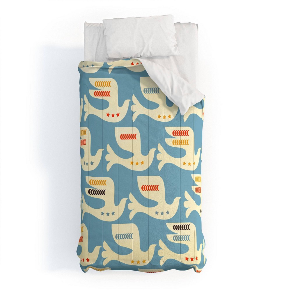 Photos - Duvet Deny Designs Twin/ Twin Extra Long Showmemars Festive Birds Blue Comforter and Pillow Sham Cream