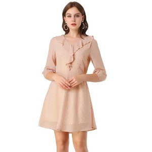 Allegra K Women's 3/4 Sleeve Elastic Waist A-line Ruffle V Neck Shiny Heart Print Dress - 1 of 4