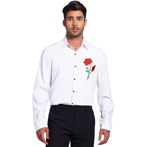 Lars Amadeus Men s Long Sleeves Button Down Floral Rose Embroidery Shirt White Medium
