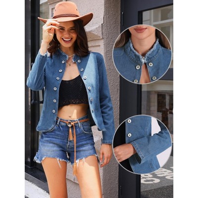 Allegra K Women's Stand Collar Long Sleeve Open Front Distressed Denim Blazer Medium Blue — фото 2