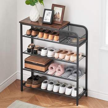 Whizmax Shoe Rack for Entryway, 5 Tier Shoe Storage Shelves with Mesh Storage Basket, 16-20 Pairs Shoe Organizer for Hallway, Entryway, Brown