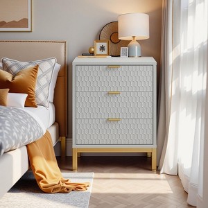 Gulches 25.8" Tall Hexagon Nightstand with 3 Drawers Gray Modern Bedside Table, Metal Handles and Legs, Ample Storage - 1 of 4