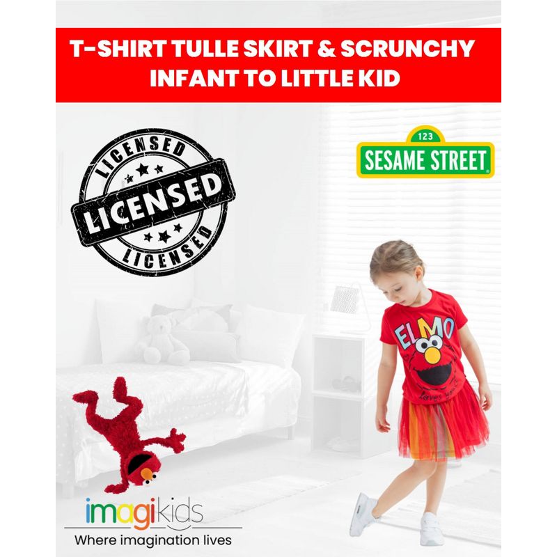 Sesame Street Elmo Abby Cadabby T-Shirt Tulle Skirt and Scrunchie 3 Piece Outfit Set Infant to Little Kid, 5 of 8