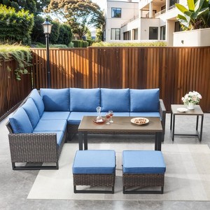 Buenhomino Patio Furniture Set with Thick Cushion, High Back Outdoor Sectional Sofa and Metal Coffee Tables, 7PCS Wicker Conversation Set - 1 of 4