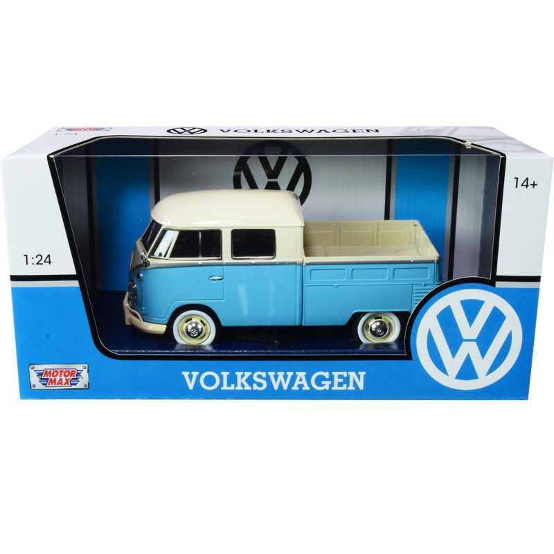 Volkswagen Type 2 (T1) Double Cab Pickup Truck Light Blue and Cream 1/24 Diecast Model Car by Motormax, 3 of 4