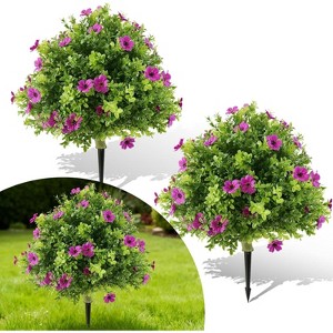2Pcs 2FT Artificial Boxwood Topiary Ball Trees with Purple Flowers,  UV Resistant Fake Shrubs with Ground Spikes, Fake Plants for Garden Patio Decor - 1 of 4
