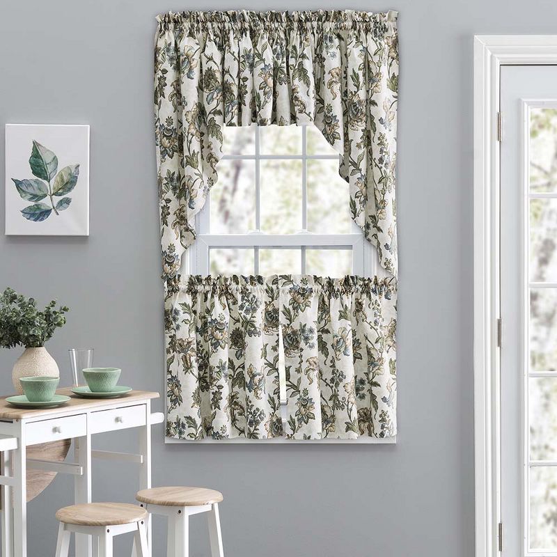Ellis Curtain Madison Floral Design Printed Natural Ground 1.5" Rod Pocket Tailored Swag 56" x 36" Blue, 2 of 6