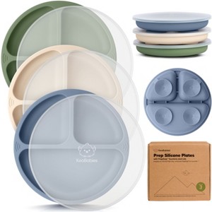 3-Pack Prep Suction Plates with Lids, 100% Silicone Baby Plates with Lid, BPA-Free Kids Divided Toddler Plates - 1 of 4