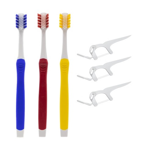 A Better Toothbrush V++Max Toothbrushes 3 Pack Soft (Red, Blue and Yellow) with 3 Pack of 3 in 1 Floss Pick Brush White - image 1 of 4