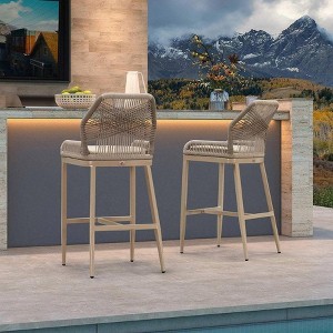 PURPLE LEAF Patio Sunbrella Bar Stools Set of 2 Handwoven Wicker Bar Height Stool Modern Aluminum Outdoor Wicker Barstools with Back and Cushion - 1 of 4