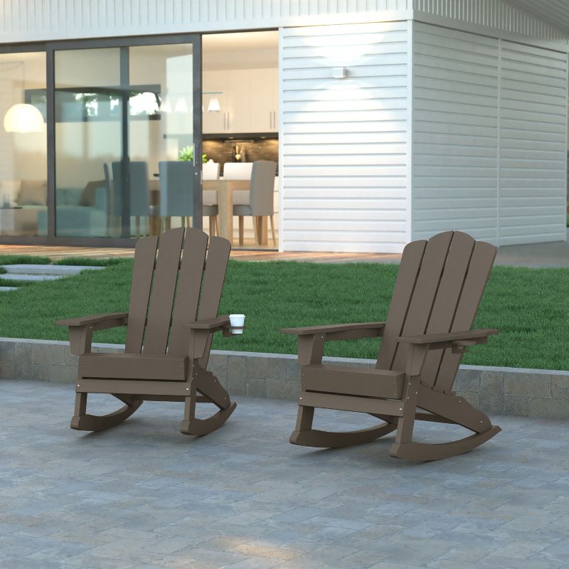 Emma and Oliver Set of 2 Adirondack Rocking Chairs with Cup Holders, Weather Resistant HDPE Adirondack Rocking Chairs in Brown, 2 of 12