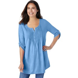 Woman Within Plus Size 7-Day Three-Quarter Sleeve Pintucked Henley Tunic - 1 of 4
