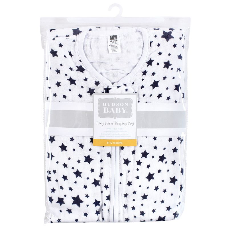 Hudson Baby Infant Boy Long Sleeve Muslin Sleeping Bag, Wearable Blanket, Sleep Sack, Navy Star, 3 of 4