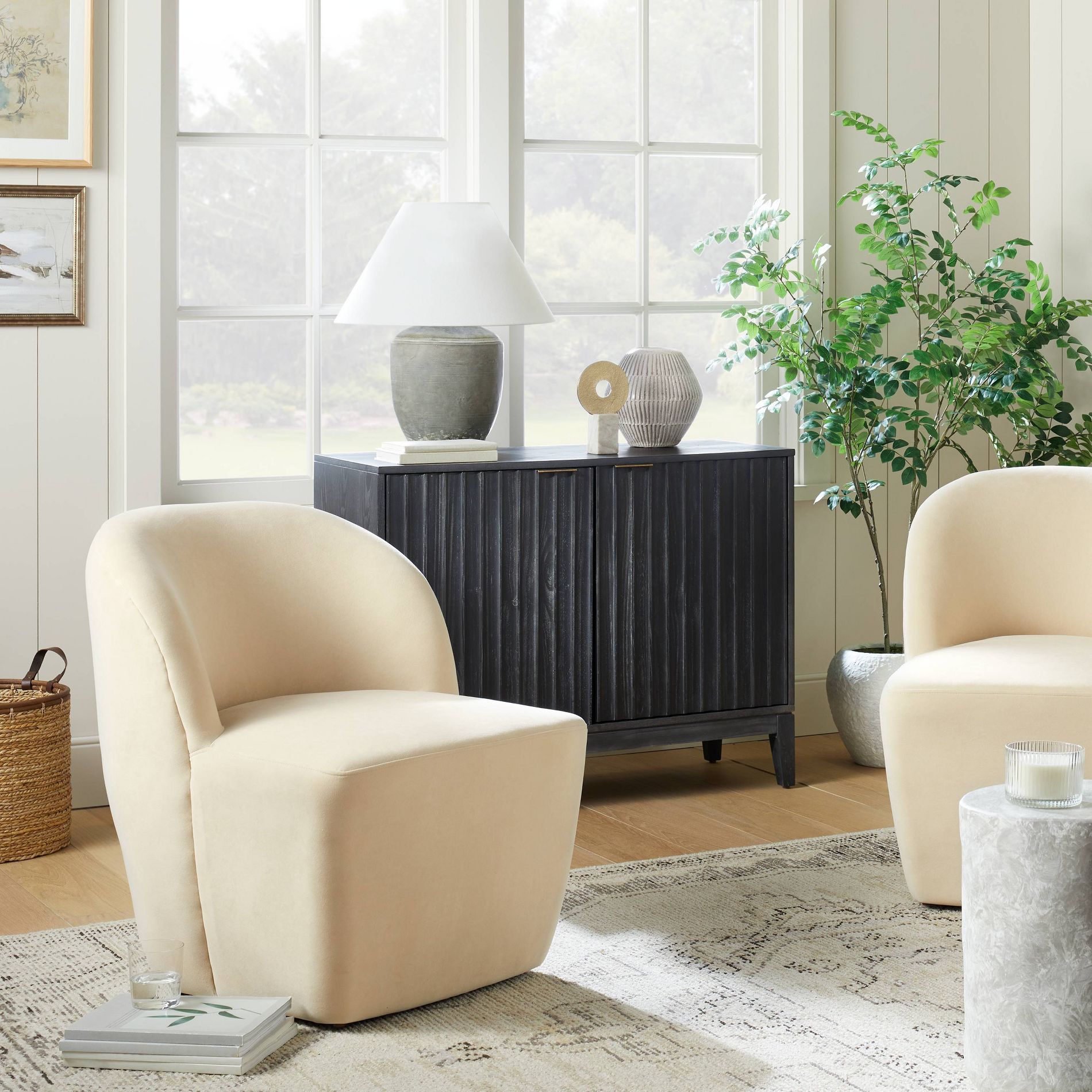 Pasadena Swivel Accent Chair Light Beige Velvet - Threshold™ designed with Studio McGee: Transitional Upholstered Seating