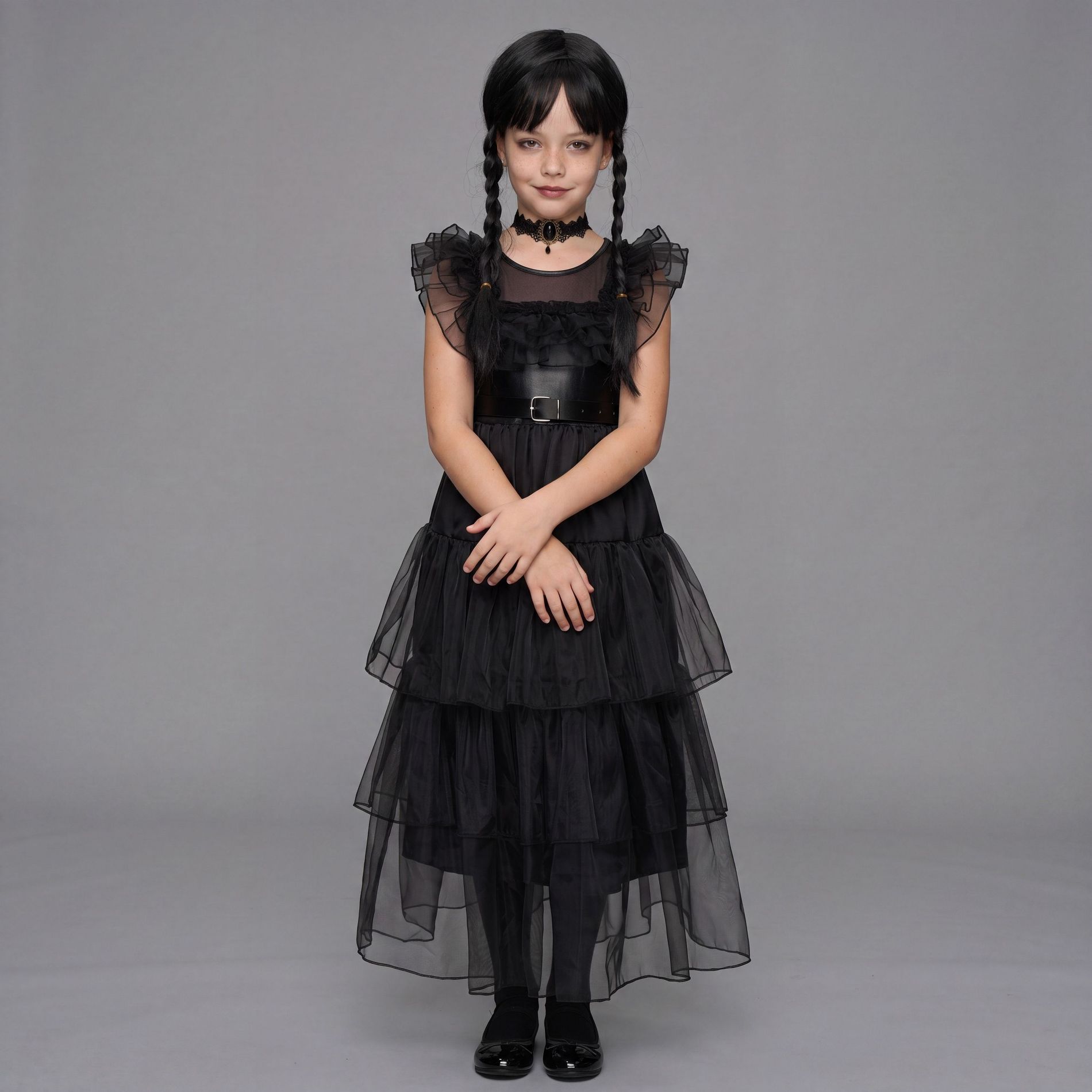 Joyfy Addams Black Gothic Dress for Girls' Halloween Costume, Kids Family Costume