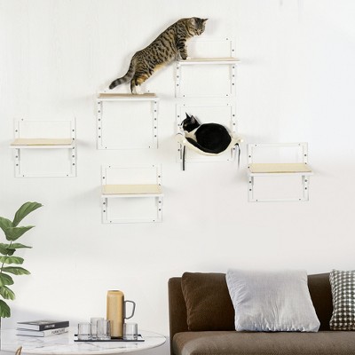 Cream Wall-Mounted Cat Shelves with Hammock and Platforms