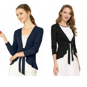 INSPIRE CHIC Women's Solid Tie Open Front Long Sleeve Knit Metallic Ruffled Crop Cardigan 2 Packs - 1 of 4