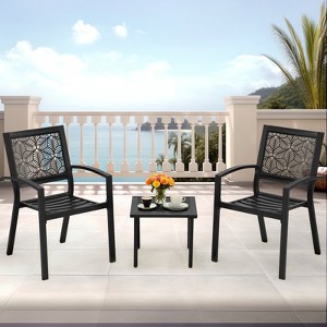Outdoor Bistro Set 3 Piece Set - Comfortable Metal Patio Chairs And Small Table, Yellow /sage Green/peacock Blue/black Floral Back Design, Waterproof - 1 of 4