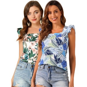 INSPIRE CHIC Women's Tropical Floral Printed Square Neck Ruffle Sleeve Tank Top 2 Packs - 1 of 4