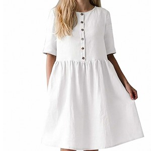 Women's Relaxed Linen Blend Midi Dress, Short Sleeve Henley Button Front  Casual Dress White L