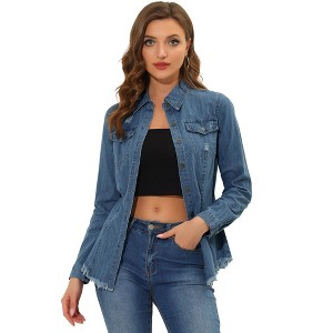 INSPIRE CHIC Women's Jeans Long Sleeve Button Down Distressed Frayed Denim Shirt - 1 of 4