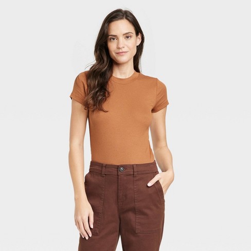 Women's Ribbed T-Shirt Bodysuit - A New Day™ Brown XS