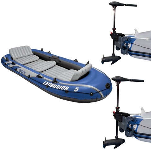 Intex Excursion 5 Person Inflatable Outdoor Fishing Raft Boat Set With 2  Aluminum Oars And Air Pump With A Intex Composite Motor Mount Kit : Target