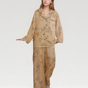 Anna-Kaci Lounge Women's Ruffle Collar Floral Print Woven Pajama Set with Long Sleeve Button Top and Relaxed Pants - 1 of 4
