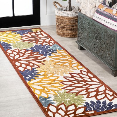 2' X 8' Minori Floral High-low Indoor/outdoor Runner Rug, Cream/red ...