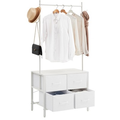 Zstar Clothing Rack with 4 Drawers, Freestanding Closet Organizer, Clothes Stand Dresser with Steel Frame & Wooden Top