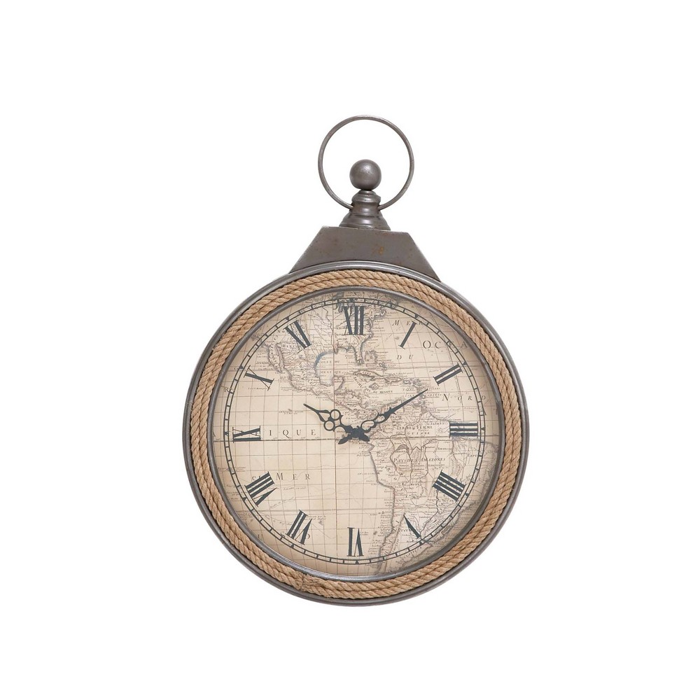 Photos - Wall Clock 30"x21" Metal Pocket Watch Style  with Rope Accent Brown - Olivi