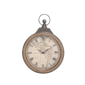 30"x21" Metal Pocket Watch Style Wall Clock with Rope Accent Brown - Olivia & May