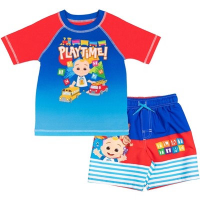 CoComelon Tomtom JJ Cody Nico Mochi Wally Short Sleeve Rash Guard Swim Shirt & Swim Trunks Bathing Suit