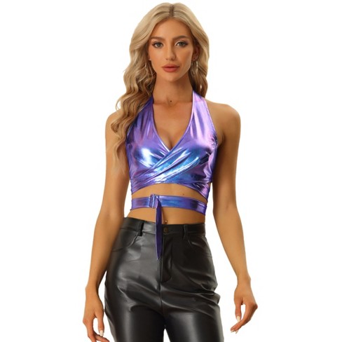 Allegra K Women's Metallic Halter Deep V Neck Backless Holographic Crop Tops  : Target