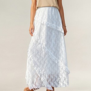 Anna-Kaci Women's Lace Asymmetrical Maxi Skirt with Layered Overlap Design and Sheer Floral Detailing - 1 of 4