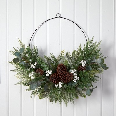 28" Christmas Pine and Eucalyptus Half Wreath with Pine Cones