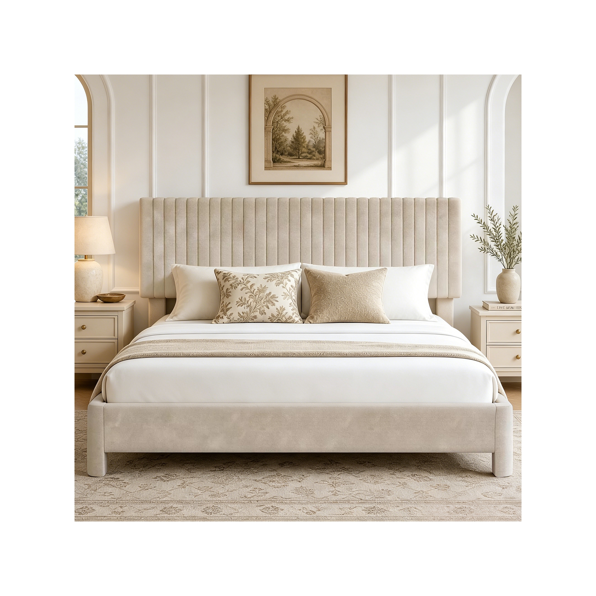 Dyonery King Size Velvet Upholstered Bed Frame with Headboard, Quiet & Sturdy, Under-Bed Storage, No Box Spring Needed ¨C Beige