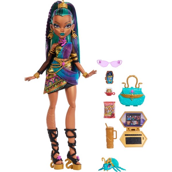 Muñeca Monster High Nefera De Nile con mascota Scarab Lavish y 7 accesorios como bolso y bocadillos 6