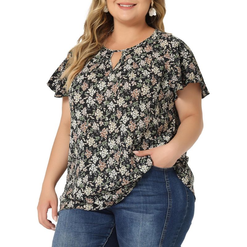 Agnes Orinda Women's Plus Size Keyhole Floral Chiffon Short Flared Sleeve Summer Trendy Peasant Tops, 1 of 8