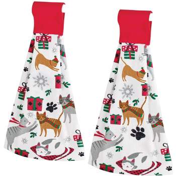 Collections Etc 2-Piece Holiday Cats Hanging Cotton Kitchen Towels
