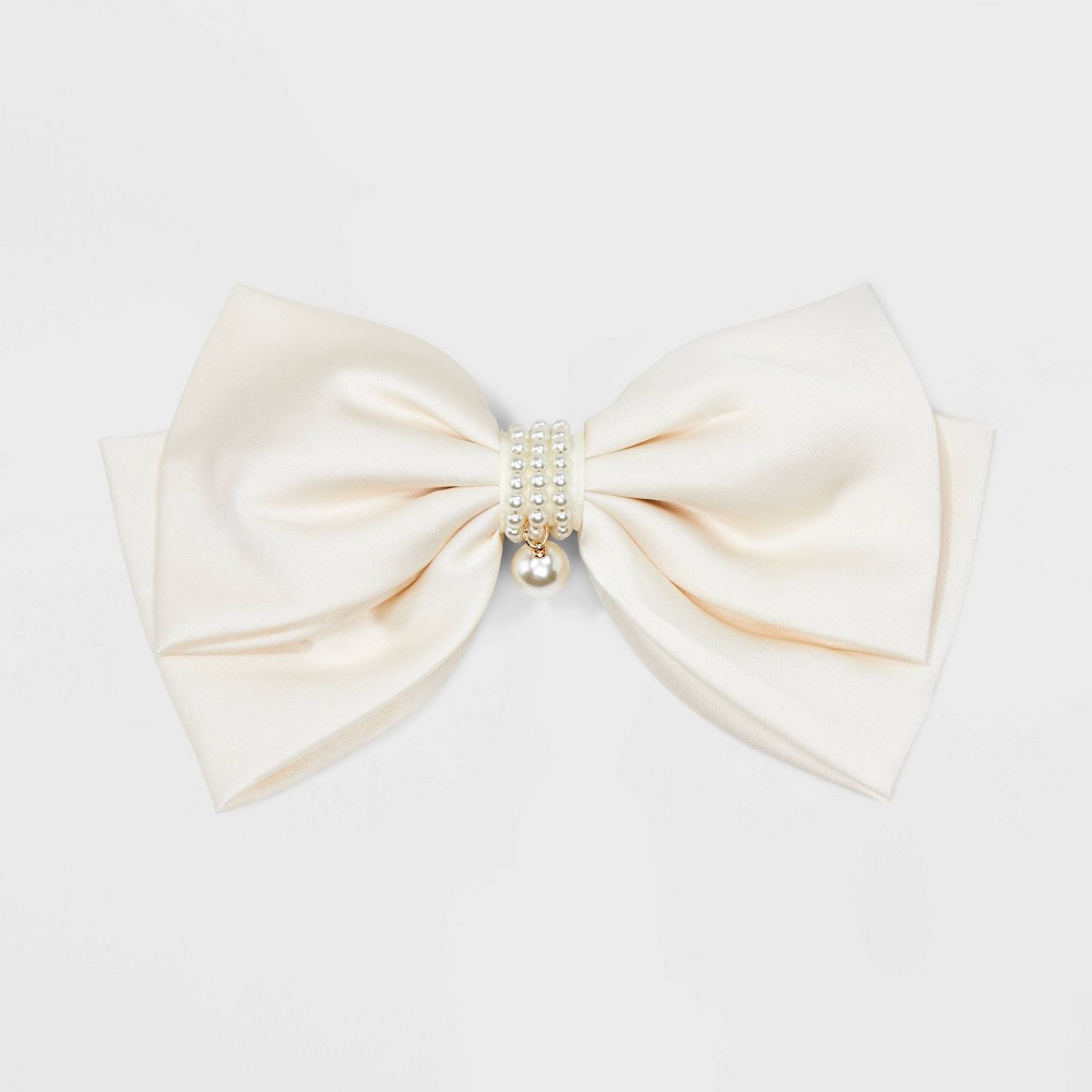 Large Satin Bow Hair Barrette with Pearl Dangle - Off-White